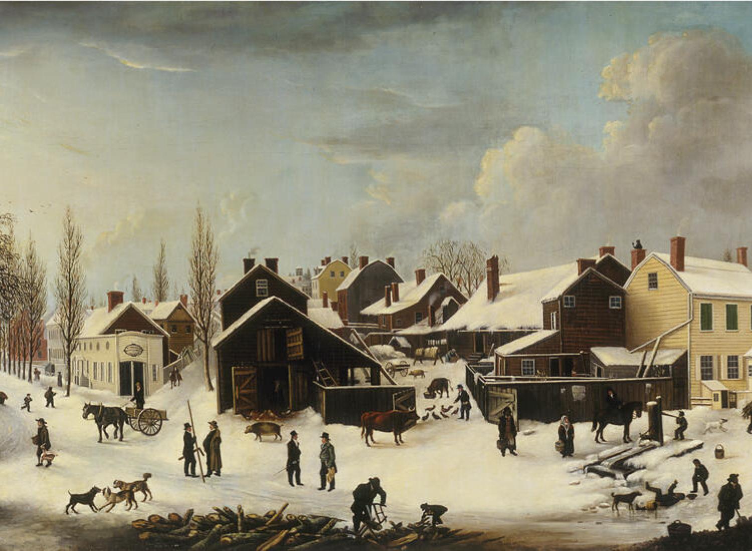 A wintery scene with snow on the ground, people in the foreground and multicolored homes