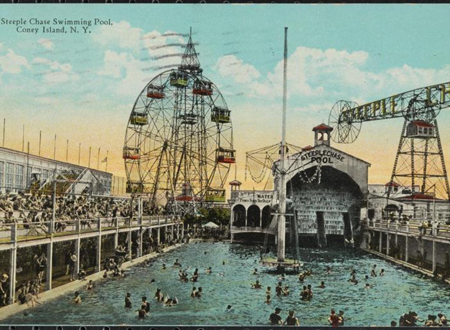 A postcard featuring the Steeple Chase at Coney Island, Brooklyn