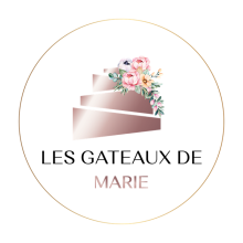 An graphic image of a cake with illustrations of flowers on it with the words "Les Gateaux de Marie" below. It is all enciurcled in a gold circle.