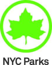 A green leaf in the center of a green circle with the words NYC Parks in black 