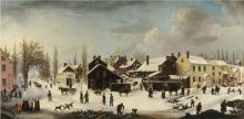 A wintery scene with snow on the ground, people in the foreground and multicolored homes