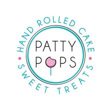 Patty Pops logo with a partially eaten pink cakesicle for the 'o' in 'Pops' and the words 'hand rolled cake' above and 'sweet treats' below a circle around the business name