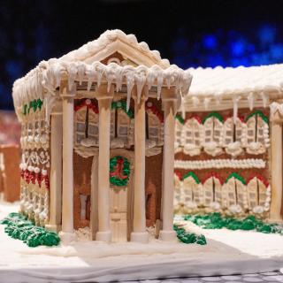 A depiction of New York City with gingerbread buildings