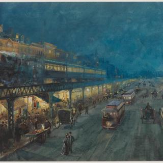 A dark-blue hued painting of an elevated train over a busy city street with trolley cars and carriages and people walking on the sidewalk. The glow of yellow lights illuminate the windows of the train and the shops on the sidewalk below. The painting is impressionistic in style with visible brushstrokes. 