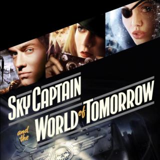 promotional poster for the movie "Sky Captain and the World of Tomorrow." It features three main characters: a man in a pilot's uniform, a woman holding a camera, and another woman with an eye patch against a space backdrop. The movie title is displayed prominently in stylized text.