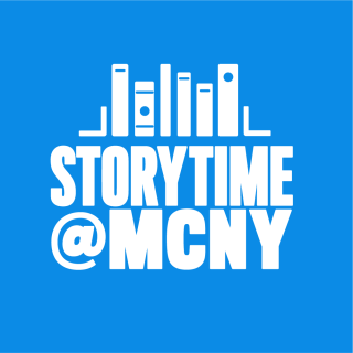 Blue squared-shaped logo that reads Storytime @ MCNY in white text with a a white book case graphic above