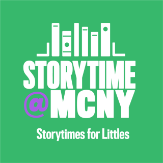 Green square-shaped logo that reads Storytime @ MCNY Storytime for Littles in white text with a a white book case graphic above