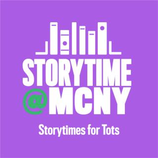 Purple square-shaped logo that reads Storytime @ MCNY Storytime for Tots in white text with a a white book case graphic above