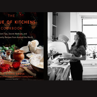 Cover of The League of Kitchens Cookbook by Lisa Kyung Gross, featuring hands grating red vegetables over a wooden board, surrounded by vibrant dishes and kitchenware + Image of Lisa Kyung Gross on right