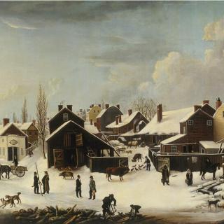 A wintery scene with snow on the ground, people in the foreground and multicolored homes